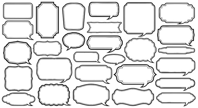Retro Speech Bubbles Compilation Arranged on White Background: Classic Comic Style Chat Box Set for Vintage Design Projects, Dialogue, Social Media, and Creative Presentations with Traditional Elegant