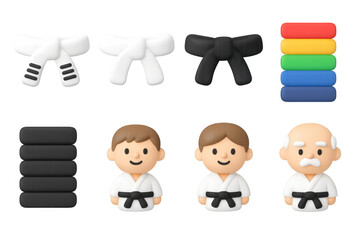 3d karate character set with belts and icons