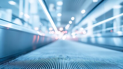Blurred Motion Walkway in Airport Terminal with Lights and Blue Tones Perspective View