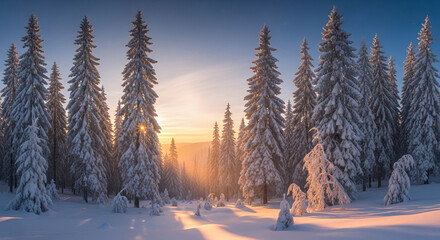 Scenic view of coniferous trees covered with snow during sunset, creating a peaceful and magical winter landscape, representative of nature's beauty