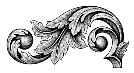 Elaborate Acanthus Scroll Design for Decoration, Invitation and Graphic Elements: Baroque Engraving Ornament with Detailed Lines, Spirals and Victorian Curves for Elegant Invitations and Architectural