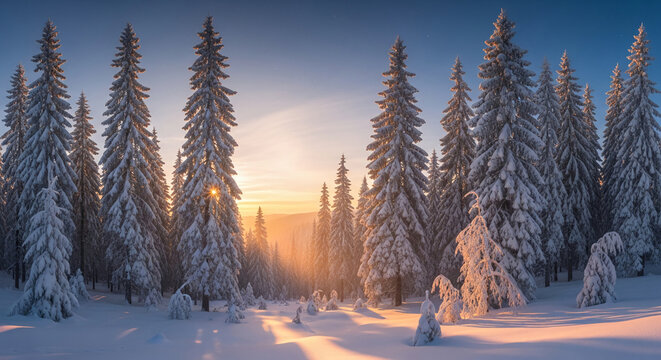 Scenic view of coniferous trees covered with snow during sunset, creating a peaceful and magical winter landscape, representative of nature's beauty - Powered by Adobe