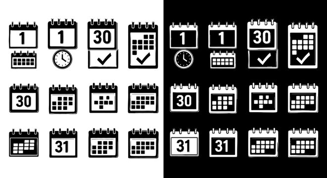 Calendar Icons Set Deadline Management Planning Timetable: Schedule Events, Organize Dates, Plan Appointments, Work Meeting Reminders, Office Task Organizer, Productivity Tool on White and Black for B