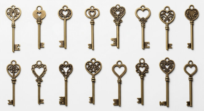 Set of vintage brass skeleton keys with ornate heart-shaped bows arranged in two rows.