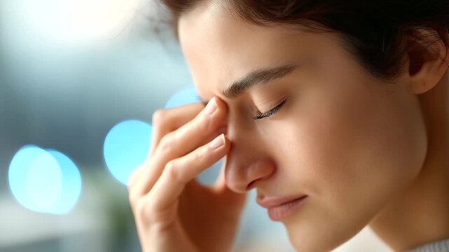 Female hand rubbing painful eye face partially visible eye strain dry eyes ocular discomfort vision problems digital eye fatigue computer vision syndrome optical health