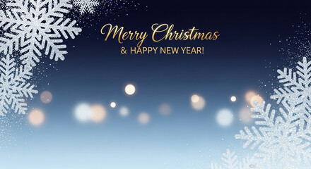 Christmas graphic with silver snowflake and gold text "Merry Christmas & Happy New Year!", representing celebration, winter, festive holiday card, free space