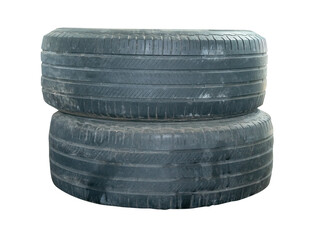 Two old black truck tires in stack isolated with clipping path in png file format © nathamag11