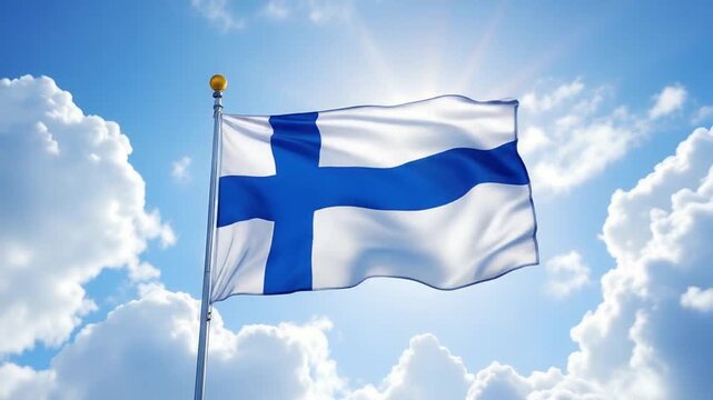 Finland's flag waving proudly against a vibrant blue sky with fluffy clouds, perfect for celebrating Finnish independence day and national pride
