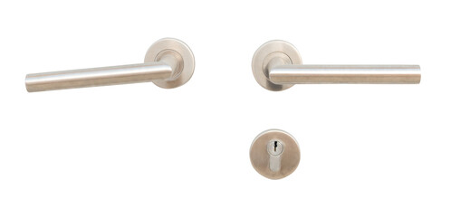 Two silver door grips or handles with separated keyhole isolated with clipping path in png file format