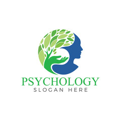 Psychology logo design featuring a human head silhouette intertwined with a growing tree and hand, symbolizing mental health and nature, isolated on white background