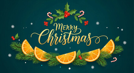 Festive image with text Merry Christmas, orange slice, evergreen branch, holly, candy cane, snowflake on dark teal, representing holiday cheer, winter.
