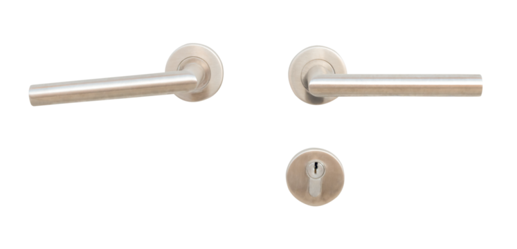 Two silver door grips or handles with separated keyhole isolated with clipping path in png file format
