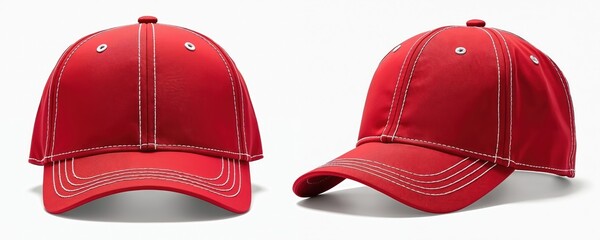 Two bright red baseball caps with crisp white stitching stand out on pure white studio background. One cap faces directly forward. Slightly angled. Versatile hats offer ideal stylish options for
