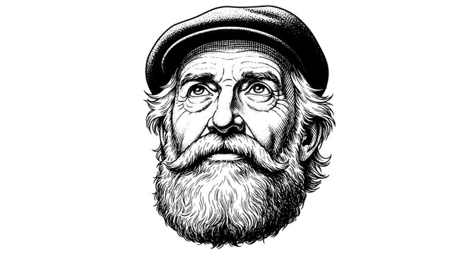 Intricate Engraving of an Old Seafarer with a Full Beard Wearing a Classic Flat Cap Contemplating Life at Sea, Representing Wisdom, Experience, and Maritime History, Suitable for Nautical Themes, Book