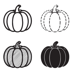 Four pumpkin illustrations with different line styles and fill. © Riki