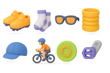 Colorful 3d icons of cycling gear and accessories