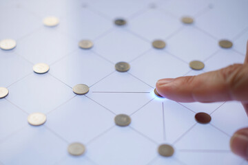 Finger Touches Bright Node on Network Grid Concept of Connectivity Data Transmission and Innovation Technology on White Background Point to Point System