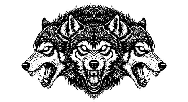 Three-Headed Wolf Growling Aggressively in the Darkness, a Mythical Creature for Tattoo Design, Logo, or Fantasy Illustration Project, Black and White Graphic with Intricate Details, Ferocious Guard D