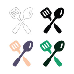 Set of four cooking utensil icons showing crossed spatula and spoon with bottle isolated on white background