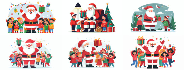 Santa is giving Christmas gifts to children. Vektor, design, minimalist, illustrations, set icon