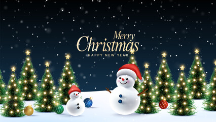 Merry Christmas wish snowy background. Snowdrifts. Snowfall Cold weather. Winter season with 3D cheerful snowman and baby snowman.