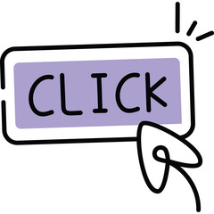 Hand drawn illustration of a purple button with the word CLICK in black lettering with a mouse cursor pointing to it on a transparent background representing user interface interaction and digital