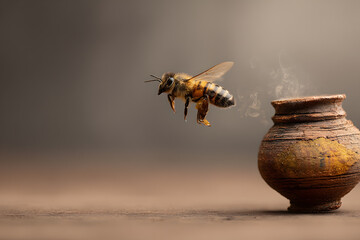 a bee flying over a pot with smoke coming out of it