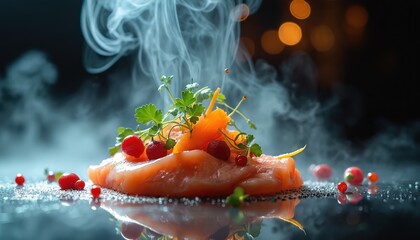 Artistic gourmet dish with smoke steam effect and vibrant colors against dark background. Elegant food presentation with decoration and reflection. Conceptual photo with salmon and garnish.