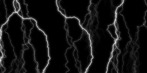Dramatic Electric Lightning Strikes Abstract Pattern on Black Background. Lightning Effect Overlay, Isolated Electric Thunderstorm Bolt Strikes on Dark Night Sky Background.	