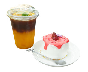 Iced lemon tea in transparent plastic glass and strawberry cake with glazed cream in mini white plate with mini silver spoon or tea spoon isolated on white background with clipping path