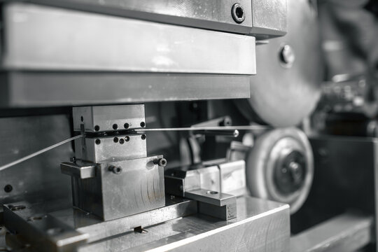 Close-up reveals intricate machinery meticulously testing a wire's tensile strength.