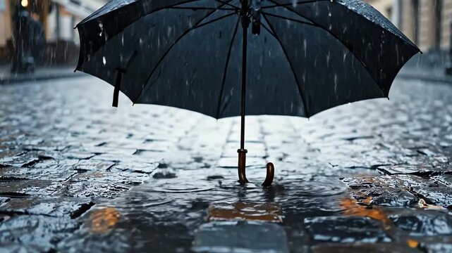 Single Umbrella Standing in Steady Rain with Soft Reflections &ndash; AI Generated
