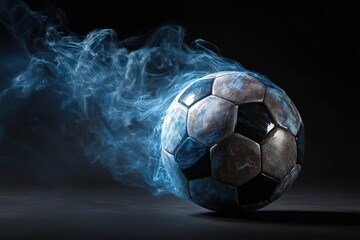 Abstract Soccer Ball with Blue Energy Trail Against Dark Backdrop