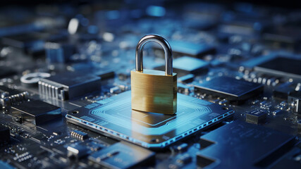 Golden Padlock Securing Modern Digital Cyber Technology
