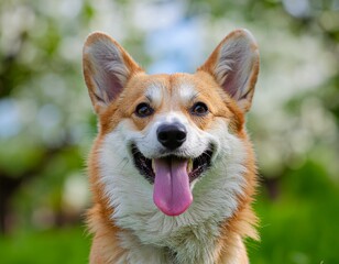 Close-up of a happy Pembroke Welsh Corgi dog with tongue out, smiling outdoors.