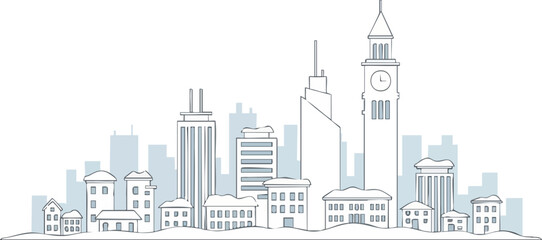 Fototapeta premium Cityscape outline illustration with various buildings and skyscrapers against a light blue background.