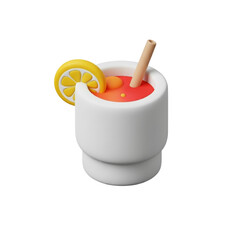 Stylized 3D graphic of a delightful refreshing drink served in a minimalist white cup, featuring a vibrant citrus slice and a straw, ideal for digital media and playful designs
