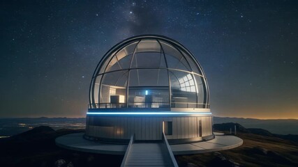 Modern geodesic dome structure illuminated at night on a mountain overlooking distant city lights - Powered by Adobe