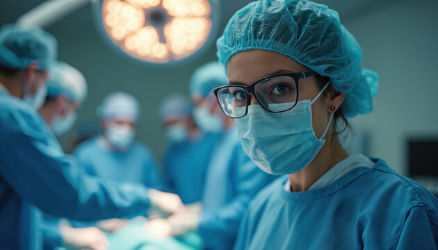 Surgeon in sterile gear works with team during operation in bright hospital room. Professional medic wears mask, cap, glasses, focused on patient procedure. Medical staff perform surgery.