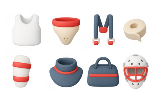 3d hockey gear icons set: helmet, gloves, jersey, and more in modern design