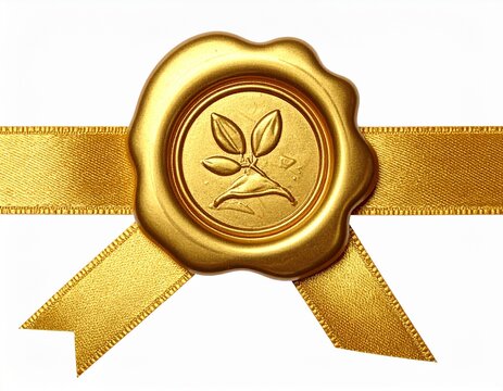 Golden wax seal with ribbon , elegant award emblem for certificates and invitation isolated on white background