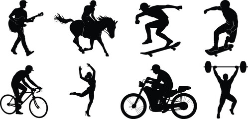 Silhouette people in various activities music, horse riding, skateboarding, cycling, dancing, weightlifting, motorcycle sports, cad drawing flat vector illustration