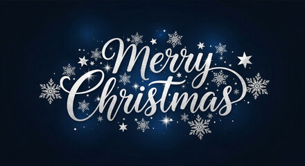 White "Merry Christmas" text with snowflakes and stars on blue gradient, festive winter concept, holiday celebration, perfect for seasonal greeting card