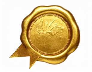 Golden wax seal with ribbon , elegant award emblem for certificates and invitation isolated on white background
