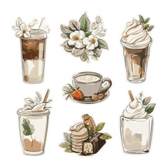 Set hand-drawn coffee and tea, enticing desserts suitable for a sticker design neutral beige tones