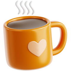 A charming 3D rendered orange mug featuring a heartwarming beige heart design, brimming with a steaming hot beverage, perfectly conveying warmth and comfort for your morning or a cozy break