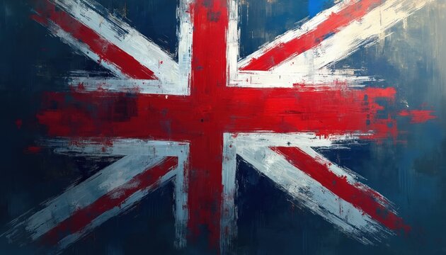 Creative art of British Union Jack flag. Graphic paint strokes form UK symbol. Artistic national flag with red white and blue colors, abstract art painting of heritage emblem.