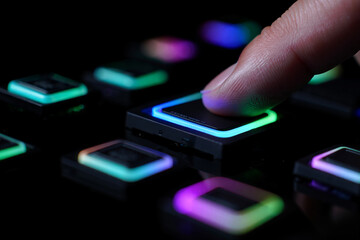 Human Finger Pushing Button with Neon Lights Colorful Display Control Panel Interactive Interface Innovative Device Modern Technology Solution