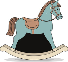 A classic blue wooden rocking horse with a brown saddle and mane on a light-colored rocker.