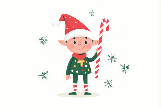 Minimal flat Christmas elf carrying candy cane with geometric body